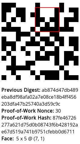 A proof-of-work block represented as a monochrome bitmap