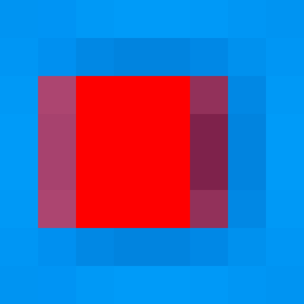 A red and cyan square composition with giant JPEG artefacts