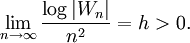 \lim_{n\to\infty} \frac{\log |W_n|}{n^2} = h > 0.
