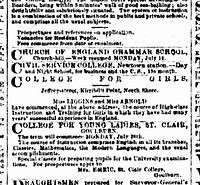 Earliest newspaper advertisement mentioning Jeffrey Steet being for a college for girls