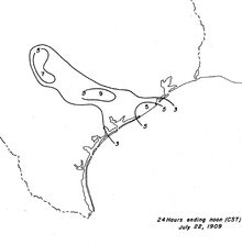 Black and white contoured map of rainfall totals, ranging from 3&nbsp;in (76&nbsp;mm) to 9&nbsp;in (230&nbsp;mm).