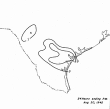 Black and white contoured map of precipitation, with contours representing 3&nbsp;in (75&nbsp;mm) intervals in rainfall.