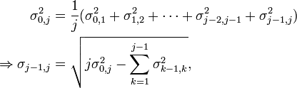 \begin{align}
\sigma_{0,j}^2
&= \frac{1}{j}(\sigma_{0,1}^2 + \sigma_{1,2}^2 + \cdots + \sigma_{j-2,j-1}^2 + \sigma_{j-1,j}^2)\\
\Rightarrow \sigma_{j-1,j}
&=\sqrt{j\sigma_{0,j}^2-\sum_{k=1}^{j-1}\sigma_{k-1,k}^2},
\end{align}
