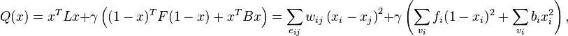Q(x) = x^T L x + \gamma \left((1-x)^T F (1-x) + x^T B x\right) = \sum_{e_{ij}} w_{ij} \left(x_i - x_j\right)^2 + \gamma \left(\sum_{v_i} f_i (1-x_i)^2 + \sum_{v_i} b_i x_i^2 \right),