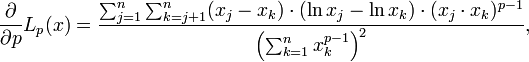 \frac{\partial}{\partial p} L_p(x) =
\frac
{\sum_{j=1}^{n}\sum_{k=j+1}^{n}
(x_j-x_k)\cdot(\ln x_j - \ln x_k)\cdot(x_j\cdot x_k)^{p-1}}
{\left(\sum_{k=1}^{n} x_k^{p-1}\right)^2},