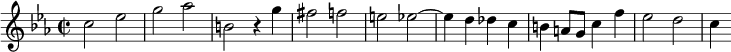\relative c'{
    \clef treble
 \key c \minor
    \time 2/2
\set Staff.midiInstrument = "harpsichord"
    c'2 ees      |&nbsp;% 1
    g aes      |&nbsp;% 2
    b, r4 g'      |&nbsp;% 3
    fis2 f      |&nbsp;% 4
    e ees~      |&nbsp;% 5
    ees4 d des c      |&nbsp;% 6
    b a8 g c4 f      |&nbsp;% 7
    ees2 d \bar "|"     |&nbsp;% 8
    c4
}