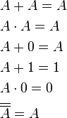 \begin{align}
&A + A = A \\
&A \cdot A = A \\
&A + 0 = A \\
&A + 1 = 1 \\
&A \cdot 0 = 0 \\
&\overline{\overline{A}} = A
\end{align}