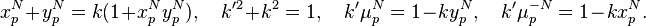 x_p^N+y_p^N=k(1+x_p^N y_p^N),\quad
k'^2+k^2=1,\quad
k'\mu_p^N=1-k y_p^N,\quad
k'\mu_p^{-N}=1-k x_p^N.