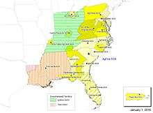 A map highlighting, in various colors and patterns, most of the states of Alabama, Delaware, Florida, Georgia, Maryland, Mississippi, North Carolina, Pennsylvania, South Carolina, Virginia, West Virginia, Kentucky, Louisiana, Ohio, Tennessee, as well as the District of Columbia and Puerto Rico.