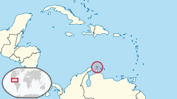 Location of &nbsp;Aruba&nbsp;&nbsp;(circled in red)in the Caribbean&nbsp;&nbsp;(light yellow)