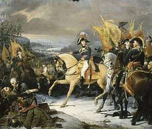 Painting of a general on horseback surrounded by his staff, prisoners, and captured flags, amid wintry weather