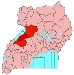 Location of &nbsp;Bunyoro&nbsp;&nbsp;(red)in Uganda&nbsp;&nbsp;(pink)