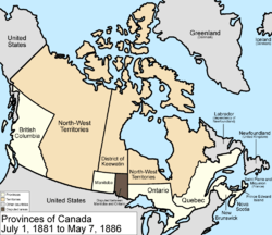 Map of the country of Canada on July 1, 1881, depicting the larger postage stamp sized province of Manitoba along with the provinces of Ontario northern border extended to the 51st parallel north, Prince Edward Island, Quebec (southern portion only), New Brunswick, British Columbia and Nova Scotia, in the colour white. The disputed area between Manitoba and Ontario is coloured black. Provinces are coloured white. Rupert's Land now named the North-West Territories and is divided by the slightly smaller District of Keewatin north of Manitoba (a postage sized province still) Territories are the colour pink; additionally now the northern arctic islands are a part of the NWT. The area called Newfoundland, Labrador, and Alaska are depicted in bluish grey colour, and are not a part of Canada.
