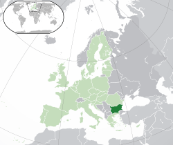 Location of &nbsp;Bulgaria&nbsp;&nbsp;(dark green)–&nbsp;in Europe&nbsp;&nbsp;(green &&nbsp;dark grey)–&nbsp;in the European Union&nbsp;&nbsp;(green)&nbsp; –&nbsp; [Legend]