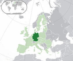Location of &nbsp;Germany&nbsp;&nbsp;(dark green)–&nbsp;in Europe&nbsp;&nbsp;(green &&nbsp;dark grey)–&nbsp;in the European Union&nbsp;&nbsp;(green)&nbsp; –&nbsp; [Legend]