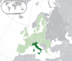 Location of &nbsp;Italy&nbsp;&nbsp;(dark green)–&nbsp;in Europe&nbsp;&nbsp;(light green &&nbsp;dark grey)–&nbsp;in the European Union&nbsp;&nbsp;(light green)&nbsp; –&nbsp; [Legend]