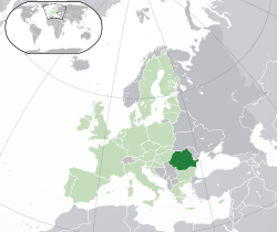 Location of &nbsp;Romania&nbsp;&nbsp;(dark green)–&nbsp;in Europe&nbsp;&nbsp;(green &&nbsp;dark grey)–&nbsp;in the European Union&nbsp;&nbsp;(green)&nbsp; –&nbsp; [Legend]