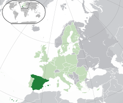 Location of Spain (dark green)– in Europe (green & dark grey)– in the European Union (green)