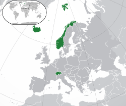 Location of the EFTA (green)in Europe (green & dark grey)