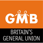 This is an old logo which is no longer used - White capital letters spell "GMB" on an orange background, where the "M" is used as the legs on two stick figures drawn with thinner lines. Below is the text "Britain's General Union".