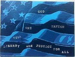 The blue painting of an American flag, which has 50 stars and 13 stripes. Light blue is a color variation for original white stars and stripes. Dark blue is a color variation for original blue box of the stars and original red stripes. The front text of the painting says "GOD / ONE NATION / with / LIBERTY and JUSTICE FOR ALL"