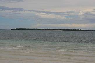 Small low green island in blue sea, at about two km.  One beach can be made out.