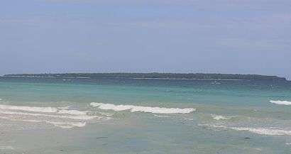 Long low green island, about 3.9&nbsp;km (2&nbsp;mi) distant.  Two beaches can be made out.