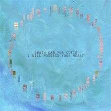 On a blue background, a circle of pixelated brown rectangles with the band and single names in the center