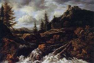 painting of waterfall with dead trees and a castle in the distance