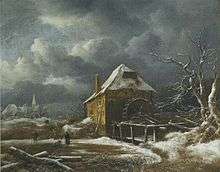 painting of watermill in winter landscape