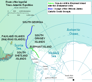 The James Caird journey is shown with relative locations of Antarctic continent, Elephant Island, South America and South Georgia