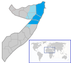 Location of &nbsp;Puntland&nbsp;&nbsp;(blue and dark blue)in Somalia&nbsp;&nbsp;(blue & grey)Disputed territory (light blue)