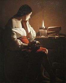 An oil painting of a pensive woman watching a candle, holding a skull