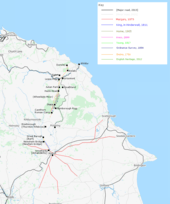 Map showing sections of Wade's Causeway reported as verified extant, by various authorities 1736–2013