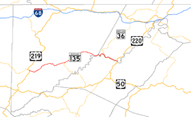 A map of far western Maryland showing major roads. Maryland Route 135 connects Oakland with southern Allegany County.