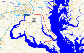 A map of southern Maryland showing major roads. Maryland Route 4 runs from Leonardtown through St. Mary's County, Calvert County, Anne Arundel County, and Prince George's County to Washington, D.C.
