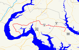 A map of southern Maryland showing major roads. Maryland Route 6 runs from southwestern Charles County to northeastern St. Mary's County