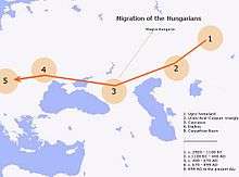 A map depicting Central and Eastern Europe and a possible route of the Magyars' migrations towards the Carpathian Basin