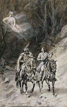Two men riding together, guarded by a ghostly woman
