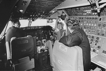 The First Lady Pat Nixon sitting in the cockpit of the first commercial 747 during the christening ceremony in 1970
