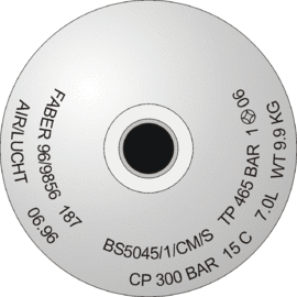 Diagram of a cylinder shoulder with stamp marking: FABER 96/9856 187 BS5045/1/CM/S TP 265 BAR AIR/LUCHT 06.96 CP 300BAR 15C 7.0L WT 9.9 kg