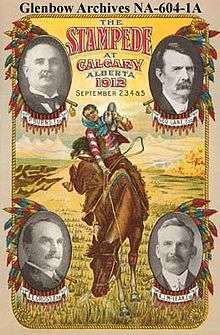 A poster featuring a man riding a bucking horse on an open prairie field. In each corner is a photograph of four different middle-aged well-dressed gentlemen.
