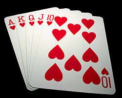 Five playing cards&nbsp;– the ace, king, queen, jack and ten of hearts&nbsp;– spread out in a fan.