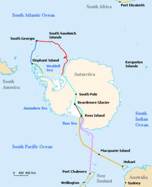 Outline of Antarctica coast, with different lines indicating the various journeys made by ships and land parties during the Imperial Trans-Antarctic Expedition