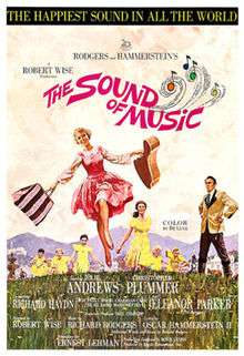 Poster with an illustration of actress Julie Andrews dancing in the mountains
