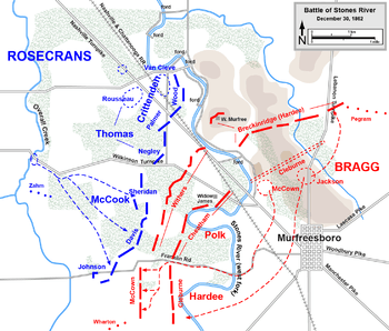 Colored lines show the front lines where the Rosencrans meet the Bragg.