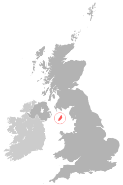 Location of the Isle of Man (red)in the British Isles (red & grey)