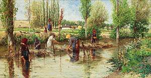 Colorful painting of five people standing in a stream retting hemp. A woman and child stand along the stream in the background. A pastoral setting surrounds the stream, with trees and bushes, a cottage, a blue sky, and fields of yellow and green.
