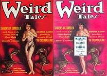 A magazine cover with a naked woman surrounded by cobras, next to a similar cover with the woman's torso concealed by a box of text