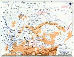 Map with scattered blue lines showing the French army heading east towards Central Europe. The Russians are still moving through Eastern Europe.
